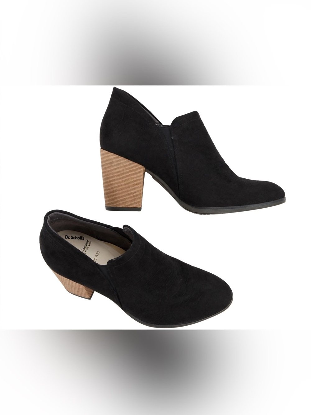 Dr Scholls Be Energized Black Suede Crocodile Booties Chunky Heel Size 8.5 9
